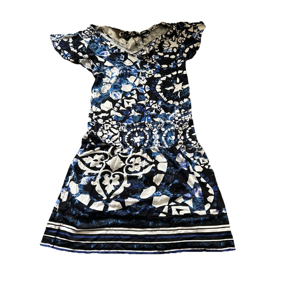 White House Black Market blue mosaic geometric knit drop waist dress Sz S